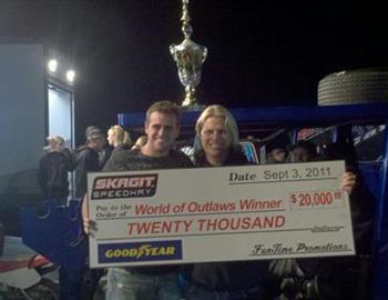 Sam and Rudeen Racing #26 car owner Kevin Rudeen celebrating their win against The World of Outlaws at Skagit Speedway.