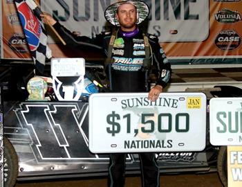 Ross Bailes in Victory Lane in the Koehler Motorsports No. 114 at Volusia Speedway Park in January 2023.