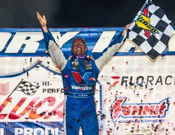 Tim McCreadie piloted the Rocket1 Racing No. 1 XR1.2 Super Late Model to the $50,000 win in Saturday nights Topless 100 finale at Batesville Motor Speedway (Locust Grove, Ark.) with the Lucas Oil Late Model Dirt Series. (Heath Lawson image)