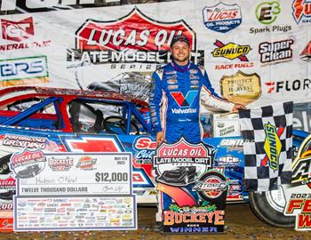 Hudson ONeal blasted off with a $12,000 Lucas Oil Late Model Dirt Series (LOLMDS) victory on Thursday night at Atomic Speedway (Alma, Ohio) aboard the Rocket1 Racing Super Late Model.