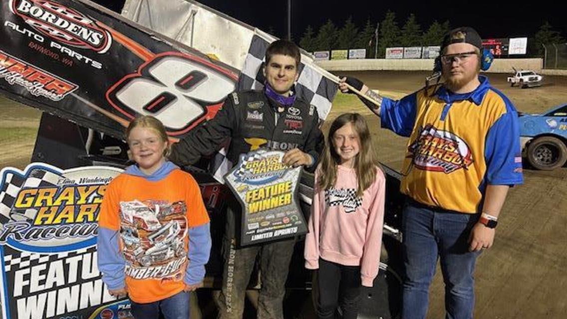 Levi Kuntz first 360 win at Grays Harbor Raceway 360 Challenge series race #1, joined in victory lane by Kenny Rutz and Max Sanford.