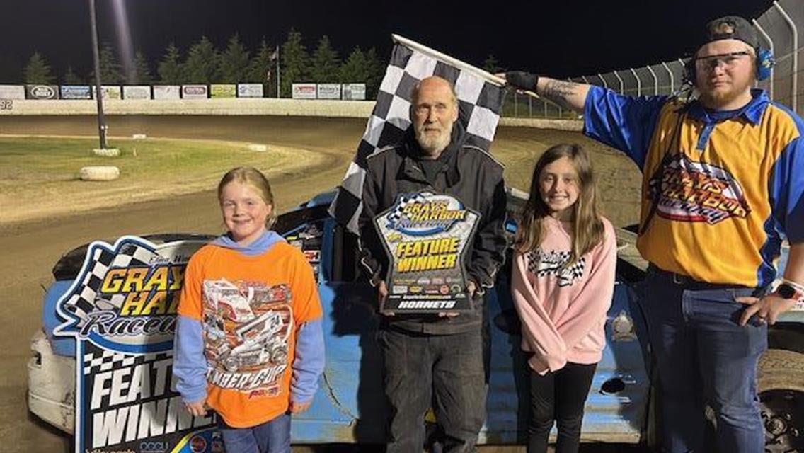 Levi Kuntz first 360 win at Grays Harbor Raceway 360 Challenge series race #1, joined in victory lane by Kenny Rutz and Max Sanford.