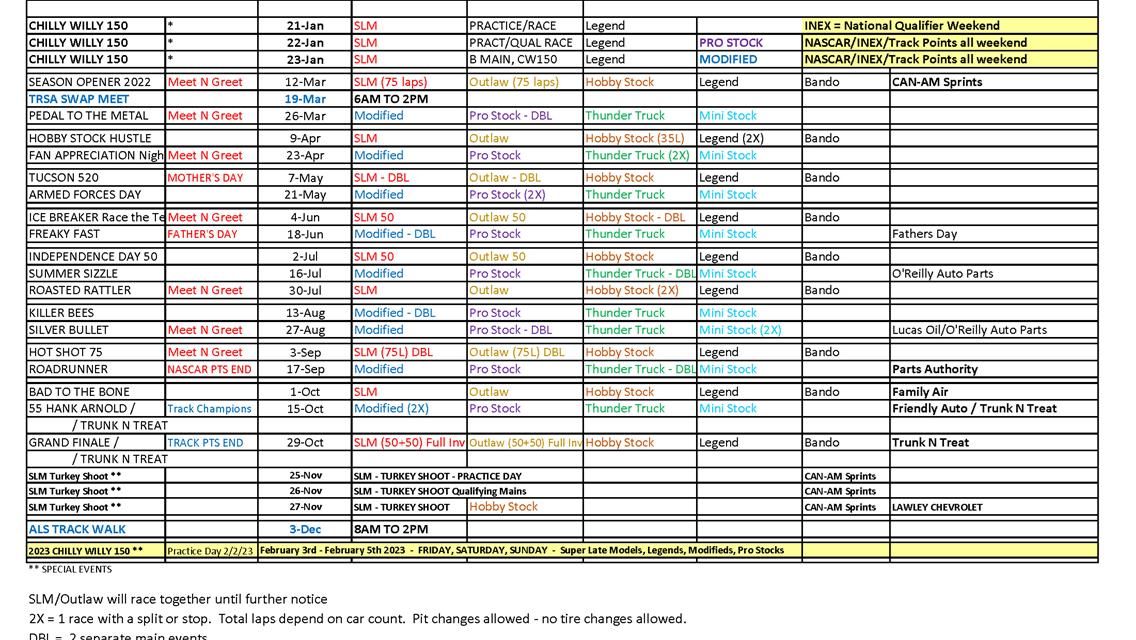 2022 Fan and Race Team Schedules- Revised 9/27/22