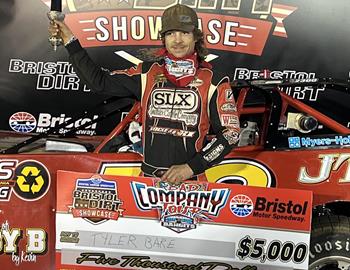 Tyler Bare registered the $5,000 victory in the Bristol Dirt Showcase at Bristol (Tenn.) Motor Speedway on Saturday, April 1. The victory was claimed with the Steel Block Bandit Late Model Series.