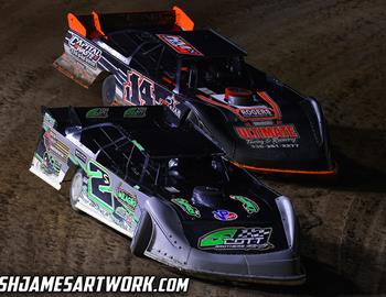 Jordan Koehler battles Stormy Scott at Volusia Speedway Park on Feb. 13, 2023.