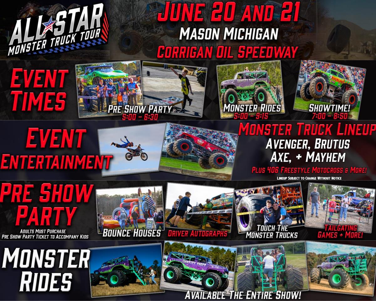 MONSTER TRUCKS ARE COMING TO CORRIGAN OIL SPEEDWAY!