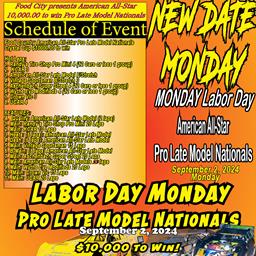 Pro Late Model Nationals Reschedule for MONDAY September 2nd, 2024