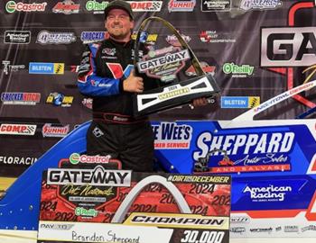 Brandon Sheppard piloted his No. B5 Pro Power Racing Engine Super Late Model to the $30,000 victory in the Castrol Gateway Dirt Nationals at The Dome at Americas Center (St. Louis, Mo.) on Saturday, December 7. *(Todd Boyd image)*