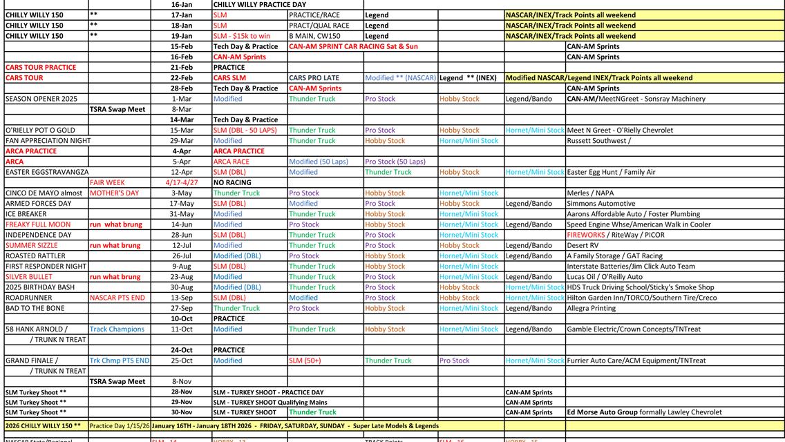 2025 Race Team Schedule- Revised 11/18/2024