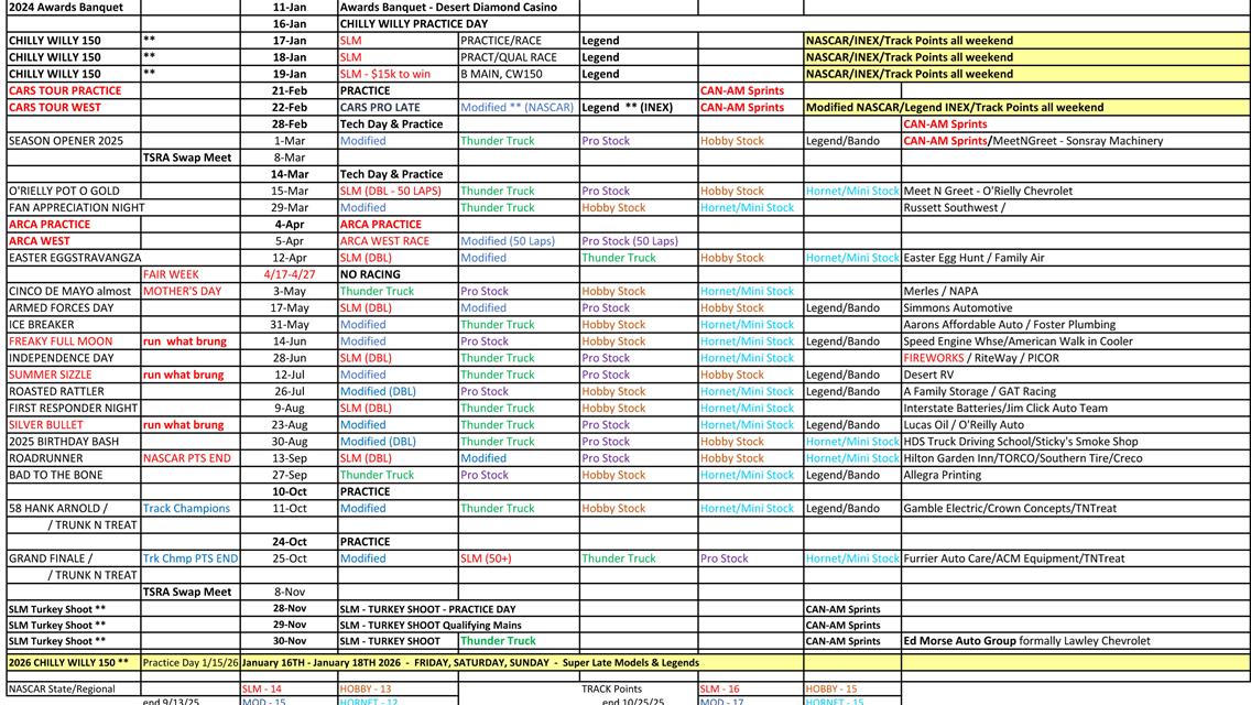 2025 Race Team Schedule- Revised 12/4/2024