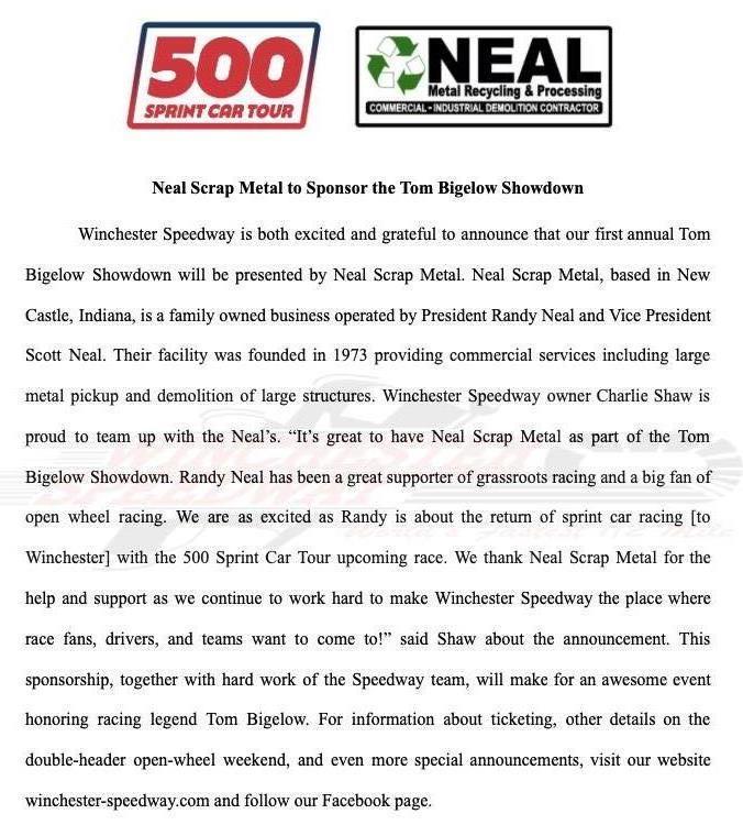 Neal Scrap Metal to Sponsor the Tom Bigelow Showdown