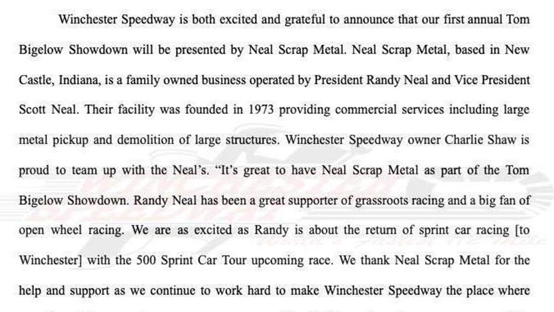 Neal Scrap Metal to Sponsor the Tom Bigelow Showdown