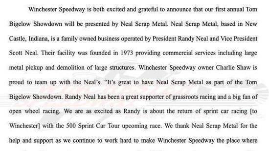Neal Scrap Metal to Sponsor the Tom Bigelow Showdown